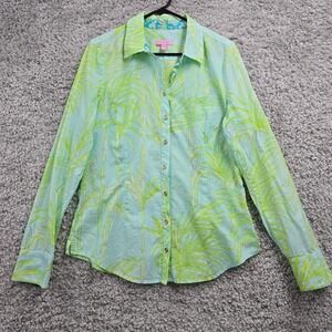 Lilly Pulitzer Women Palm Print Button Shirt Size 10 Long Sleeve Tropical Resort